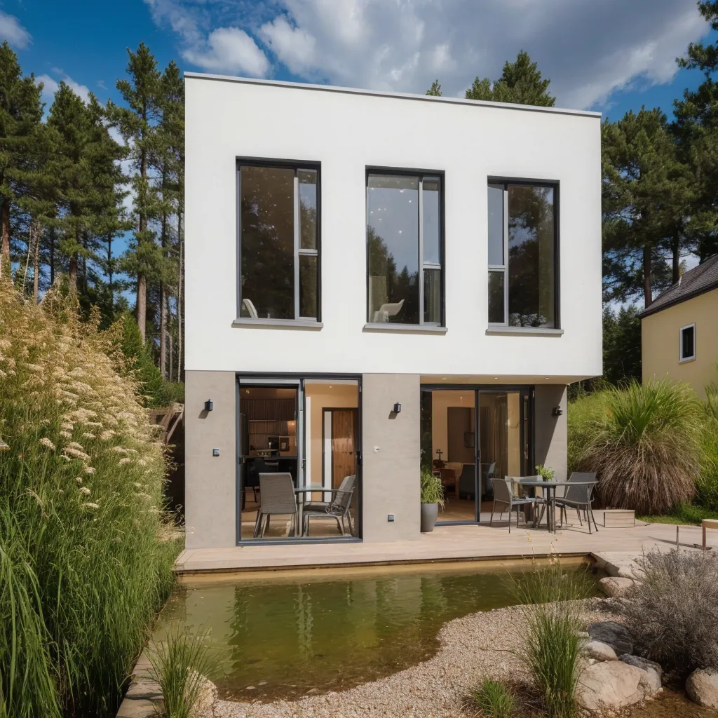 Modern zweistöckiges weißes Haus mit großen Fenstern, Terrasse und kleinem Teich im Garten.