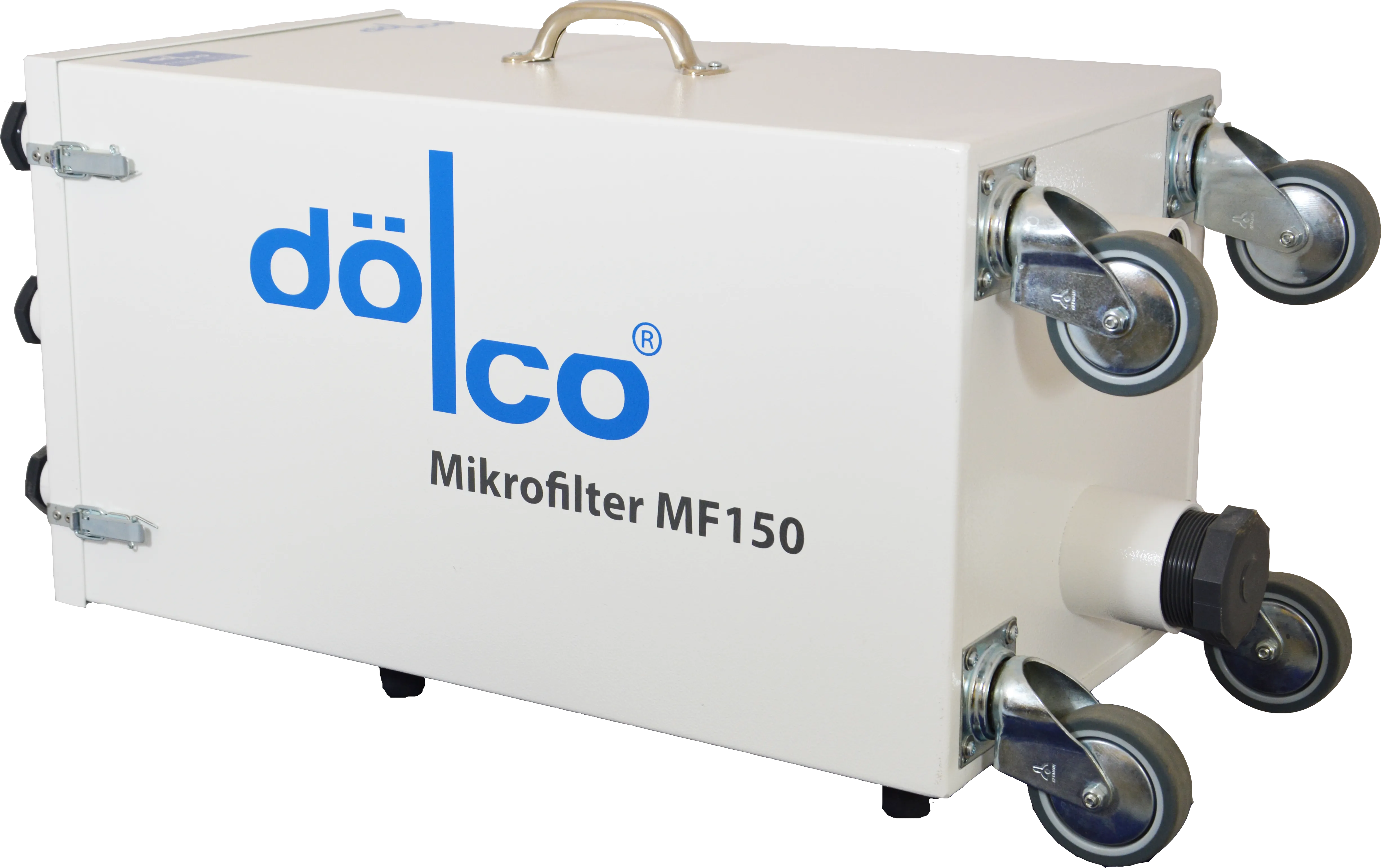 Weißer Mikrofilter MF150 von DÖLCO mit Metallgriffen und vier beweglichen Rollen.